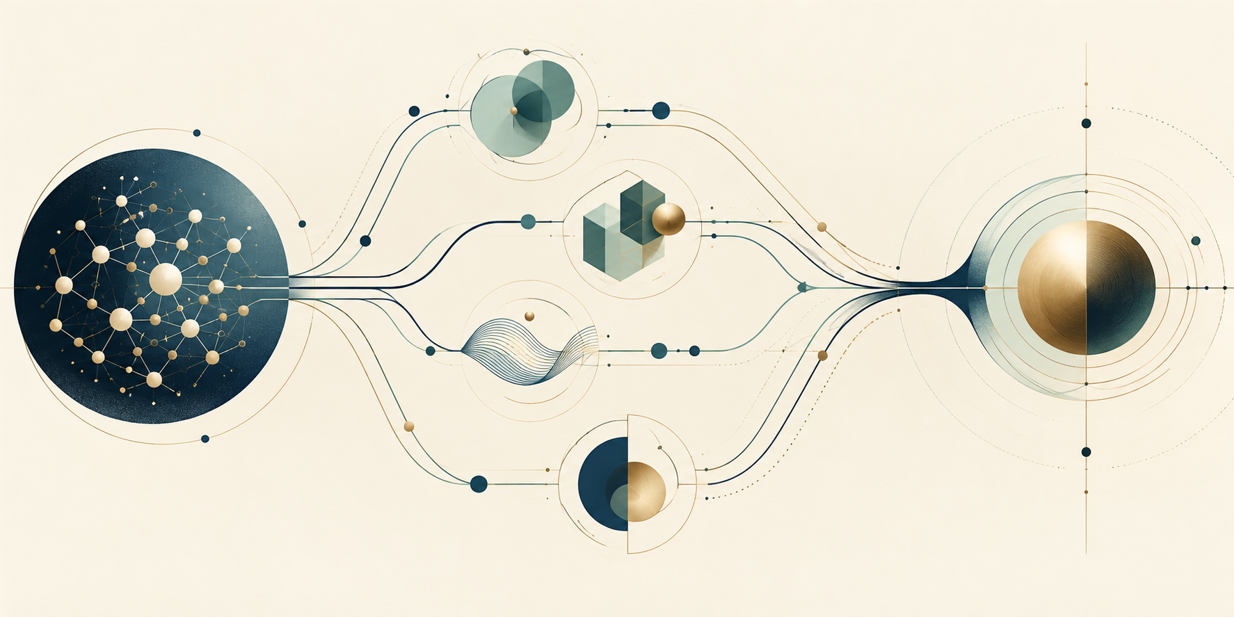An abstract knowledge network branching through several possible application pathways toward a shared opportunity.